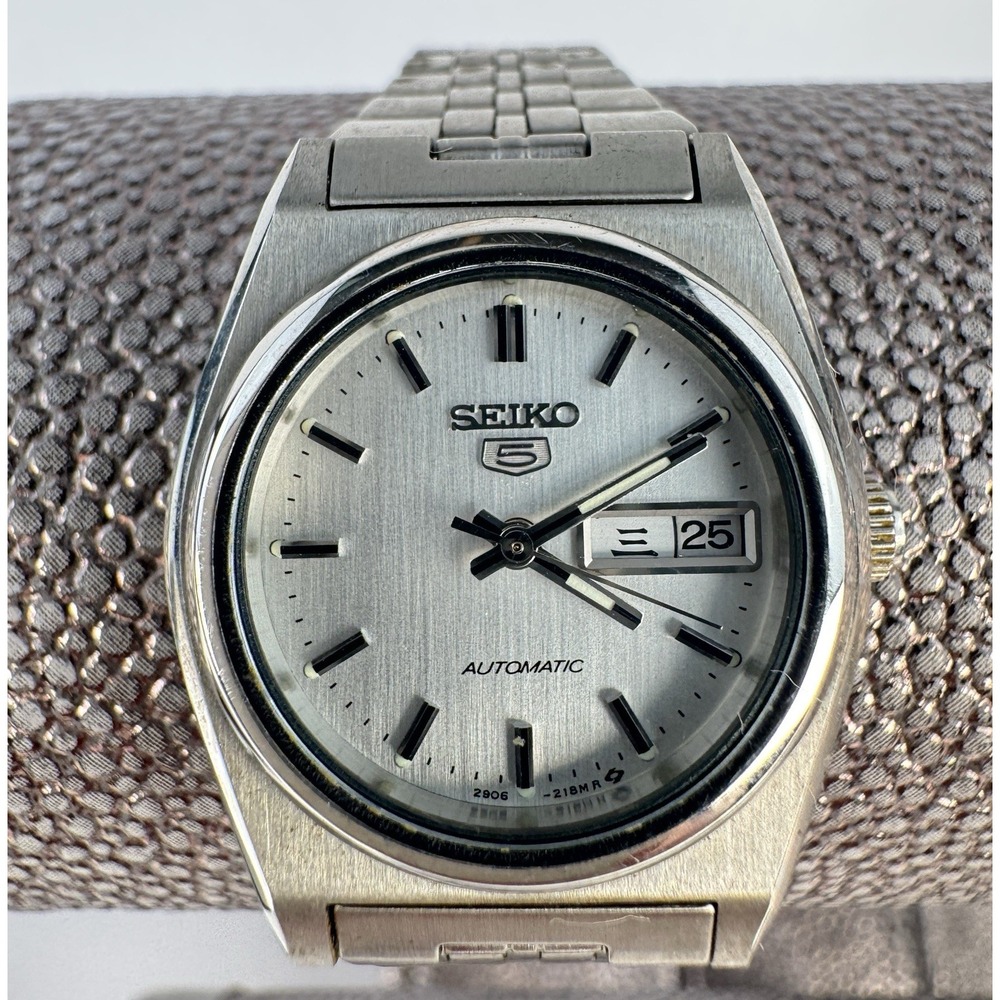 Seiko 5 2906-0840 Automatic 17J Day Date Watch 1970s Stainless Steel Running